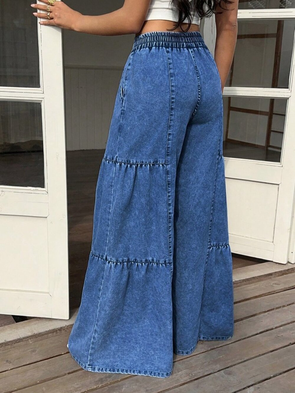 Blue Casual Women's Elastic Waist Wide Leg Jeans - Picture 2 of 6